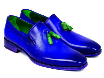Men Blue Burnished Derby Toe Loafer Slip On Green Tassels Genuine Leather Shoes