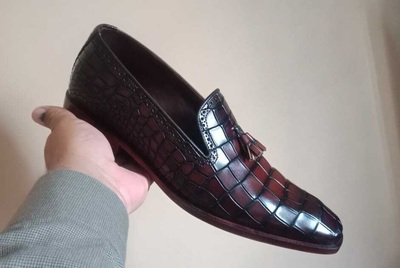 Handmade Men's Crocodile Texture Leather Tassels Square Toe Slip On Dress Shoes