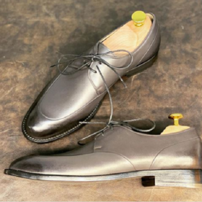 Handmade men's gray derby lace up round toe dress shoes, real leather shoes
