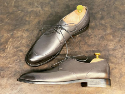 Handmade Men's Gray Derby Lace Up Round Toe Dress Shoes, Real Leather Shoes