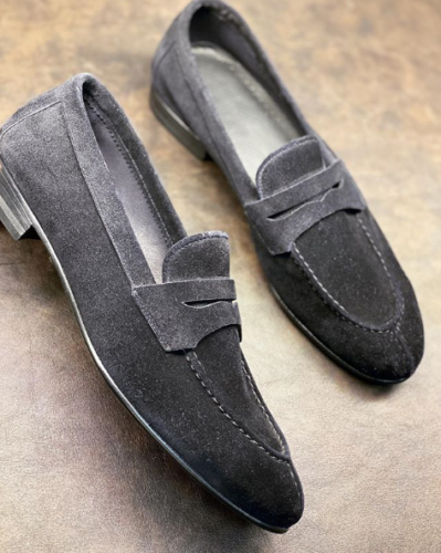 Handmade Men's Ash Black Round Toe Loafer Dress Shoes, Real Suede Office Shoes