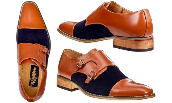 Men Tan Monk Double Buckle Strap Handmade Navy Blue Suede Genuine Leather Shoes