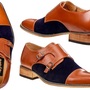 Men Tan Monk Double Buckle Strap Handmade Navy Blue Suede Genuine Leather Shoes-4