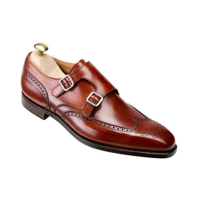 Burgundy Monks Double Buckle Strap Full Brogue Toe Wing Tip Real Leather Shoes