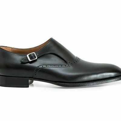 Black monk single buckle strap rounded derby toe handmade real leather shoes