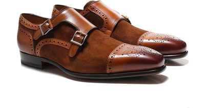 Brown Monk Double Buckle Strap Full Brogue Cap Toe Genuine Suede Leather Shoes