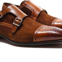 Brown Monk Double Buckle Strap Full Brogue Cap Toe Genuine Suede Leather Shoes - Thumbnail 1