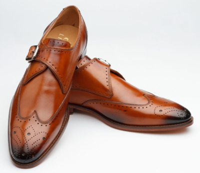 Men's Brown Monk Single Buckle Strap Full Brogue Burnished Toe Leather Shoes