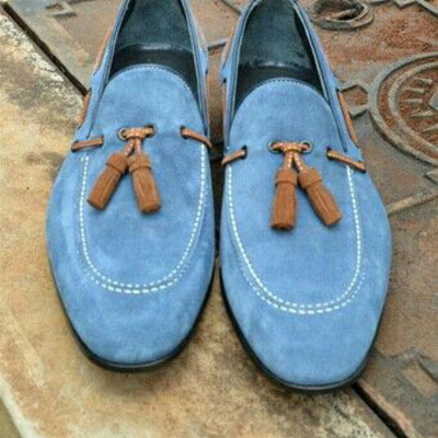 Unique handmade blue tassels loafer party wear shoes in genuine suede for men