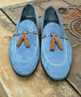 Unique Handmade Blue Tassels Loafer Party Wear Shoes In Genuine Suede For Men