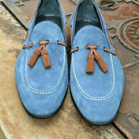 Unique Handmade Blue Tassels Loafer Party Wear Shoes In Genuine Suede For Men - Thumbnail 1
