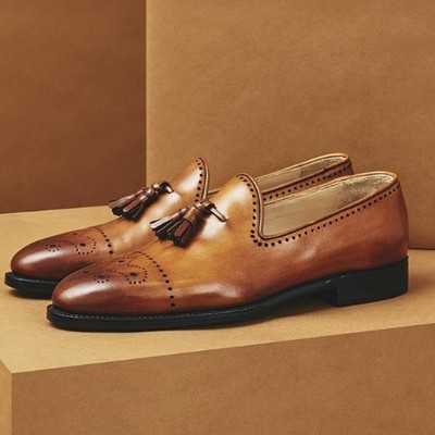 Awesome looking tan brown calf skin handmade cap toe tassels loafer gift shoes in genuine leather for men - Thumbnail 5