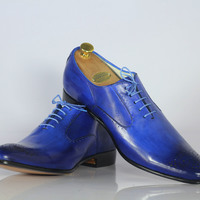 Blue Brogue Leather Shoes, Men's Dress Shoes - Thumbnail 2