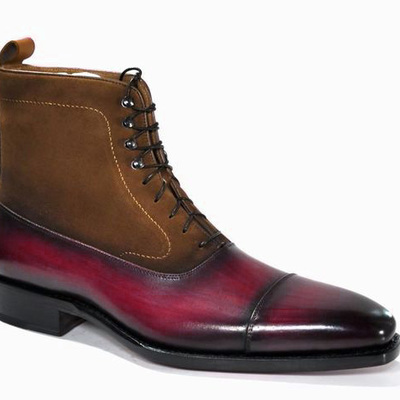 Stylish customize handmade balmoral burgundy two tone cap toe ankle high boot for gentlemen in genuine leather and suede  - Thumbnail 5