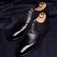 Handmade Men's Black Lace Up Crocodile Texture Leather Dress Formal Shoes - Thumbnail 1