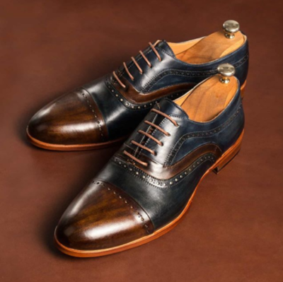 Handmade Men's Brown Blue Brogue Lace Up Dress Shoes, Real Leather Office Shoes