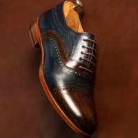 Handmade Men's Brown Blue Brogue Lace Up Dress Shoes, Real Leather Office Shoes - Thumbnail 1