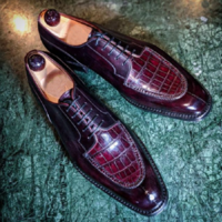 Handmade Men Burgundy Lace Up Dress Crocodile Texture Leather Office Shoes - Thumbnail 4