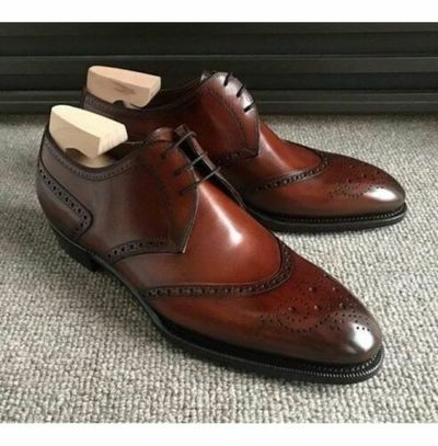 Handmade Men Brown Brogue Lace Up Dress Shoes, Brown Real Leather Formal Shoes