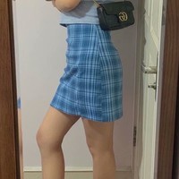 Free Shipping-BABY BLUE CHECK MINI SKIRT - Thumbnail 2