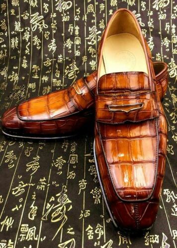 Handmade alligator texture shoes for men, men crocodile moccasin shoes, leather