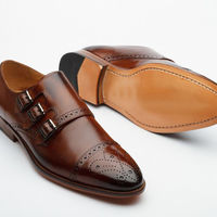 Men Brown Brogue Burnish Cap Toe Monk Triple Buckle Straps Leather Shoes - Thumbnail 4