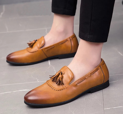 Loafer Slippers Tassel Shoes Men Brown Premium Quality Leather Burnished Toe