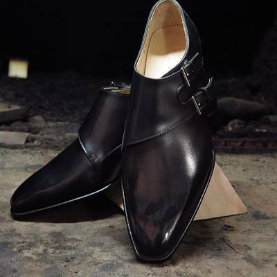 Handmade men double monk leather dress shoes, black leather formal shoes for men