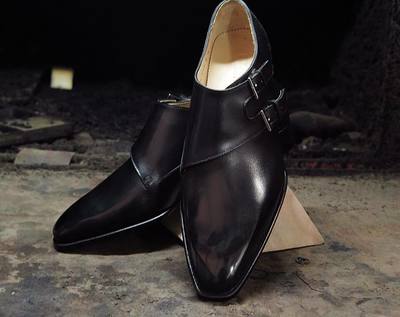 Handmade Men Double monk Leather Dress shoes, Black leather formal shoes for men