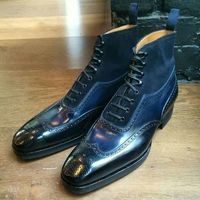 Two Tone Men's Wing Tip Brogue Toe Genuine Leather High Ankle Lace up Boots - Thumbnail 1