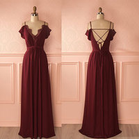 Burgundy chiffon long prom dress evening dress - Thumbnail 1