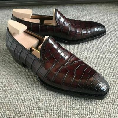 Handmade Men Crocodile Texture Leather Moccasin Dress Shoes, Real Leather Shoes