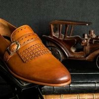 Handmade Men Tan Brogue Fringes Monk Strap Dress Shoes, Real Leather Shoes - Thumbnail 1