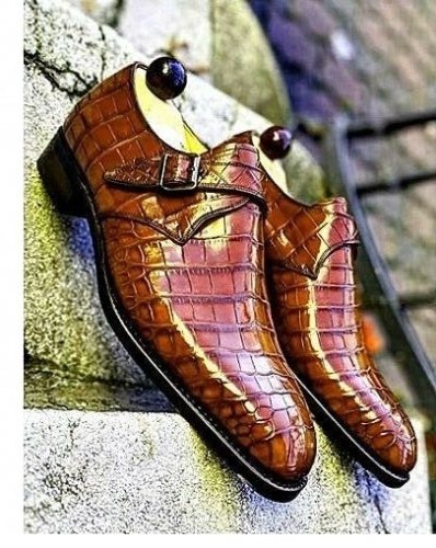 Handmade men alligator textured shoes, men monk strap leather shoes, dress shoes