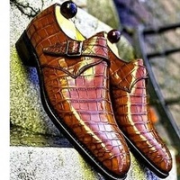 Handmade men alligator textured shoes, men monk strap leather shoes, dress shoes - Thumbnail 1