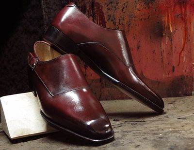 Handmade Men Maroon Single Monk Strap Square Toe Dress Shoes, Real Leather Shoes
