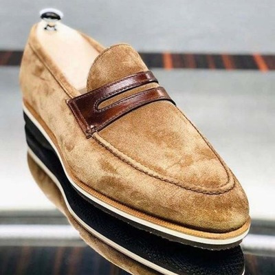 Handmade men's brown round toe formal slip on dress shoes, real suede shoes