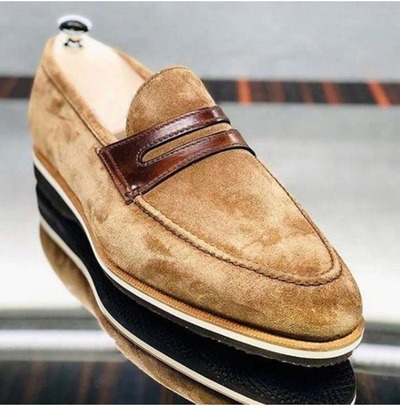 Handmade Men's Brown Round Toe Formal Slip On Dress Shoes, Real Suede Shoes