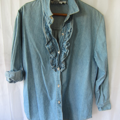 Designer denim ruffle shirt by adrienne vittadini