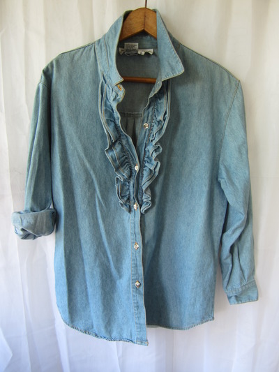 Designer denim ruffle shirt by adrienne vittadini