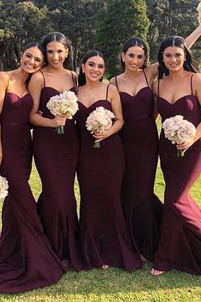 Spaghetti Straps Mermaid Burgundy Long Bridesmaid Dress