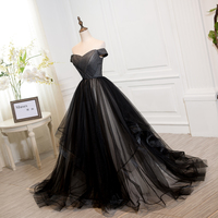 Black tulle long prom dress evening dress - Thumbnail 1