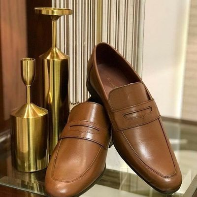 Handmade men's brown cap toe moccasin dress shoes, real leather office shoes