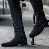 Handmade men ash black Chelsea round toe dress boots, real suede office boots - Thumbnail 4