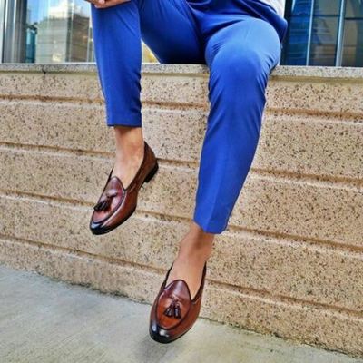 Handmade men's brown tassels round toe loafer casual shoes, real leather shoes - Thumbnail 3