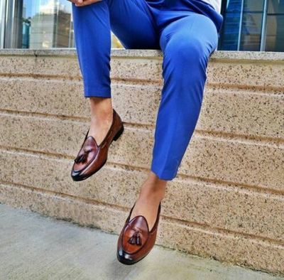 Handmade Men's Brown Tassels Round Toe Loafer Casual Shoes, Real Leather Shoes