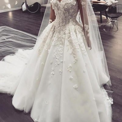 Sheer neck wedding dresses bridal gown with flowers - Thumbnail 5
