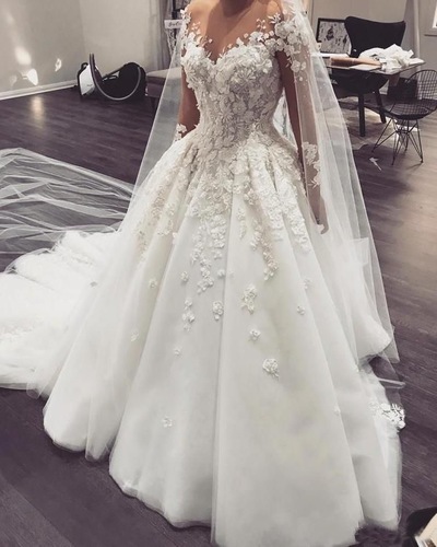 Sheer Neck Wedding Dresses Bridal Gown with Flowers