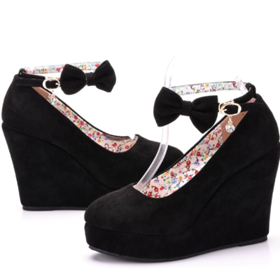 Ankle strap black wedge shoes with bow - Thumbnail 5