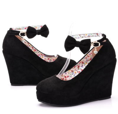 Ankle Strap Black Wedge Shoes with Bow
